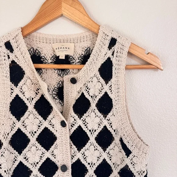 Sezane Ivory and Black Argyle Knit Vest - Picture 2 of 5